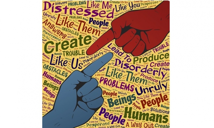 cartoon of red and blue pointing finger on a yellow background written full with words in different colors.