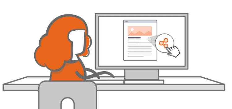 Graphic of a woman at a desk in front of a monitor.