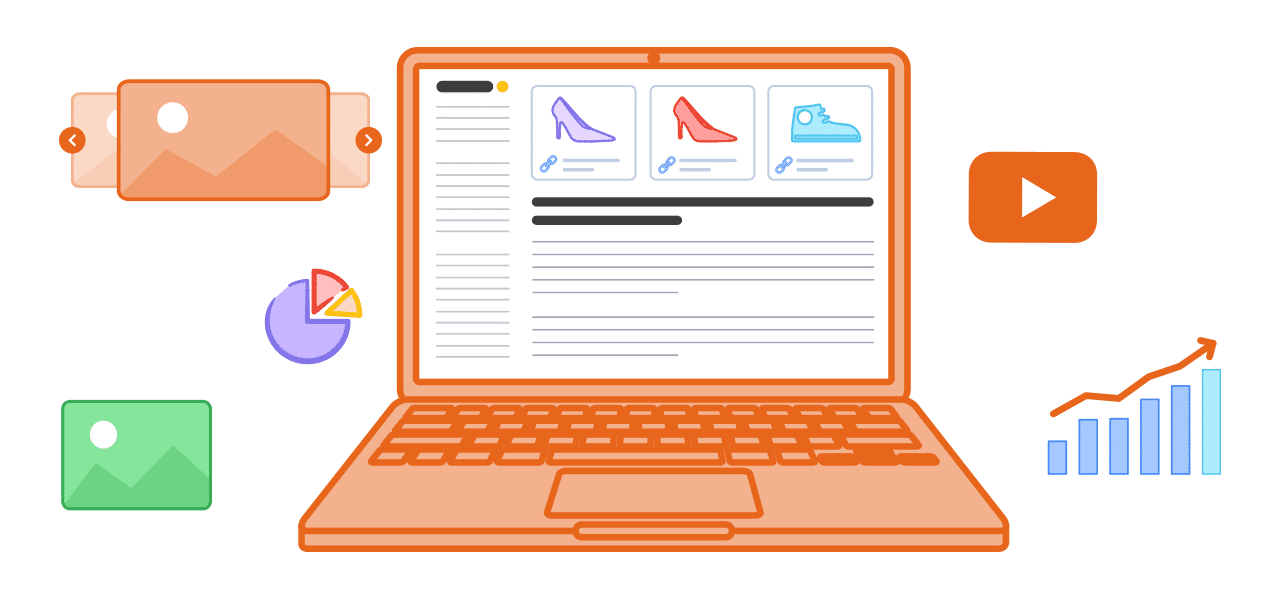 Illustration of a laptop with icons around it.