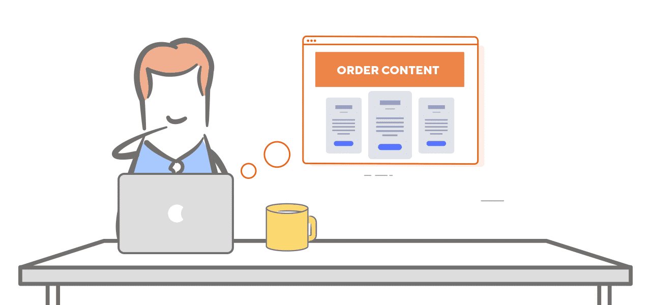 Illustration showing a man sitting at a desk, thinking about ordering ontent.