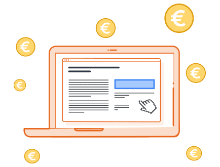 Small illustration showing a laptop with Euro signs floating around it.