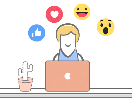 Small illustration showing a person in front of a laptop with emojis around it.
